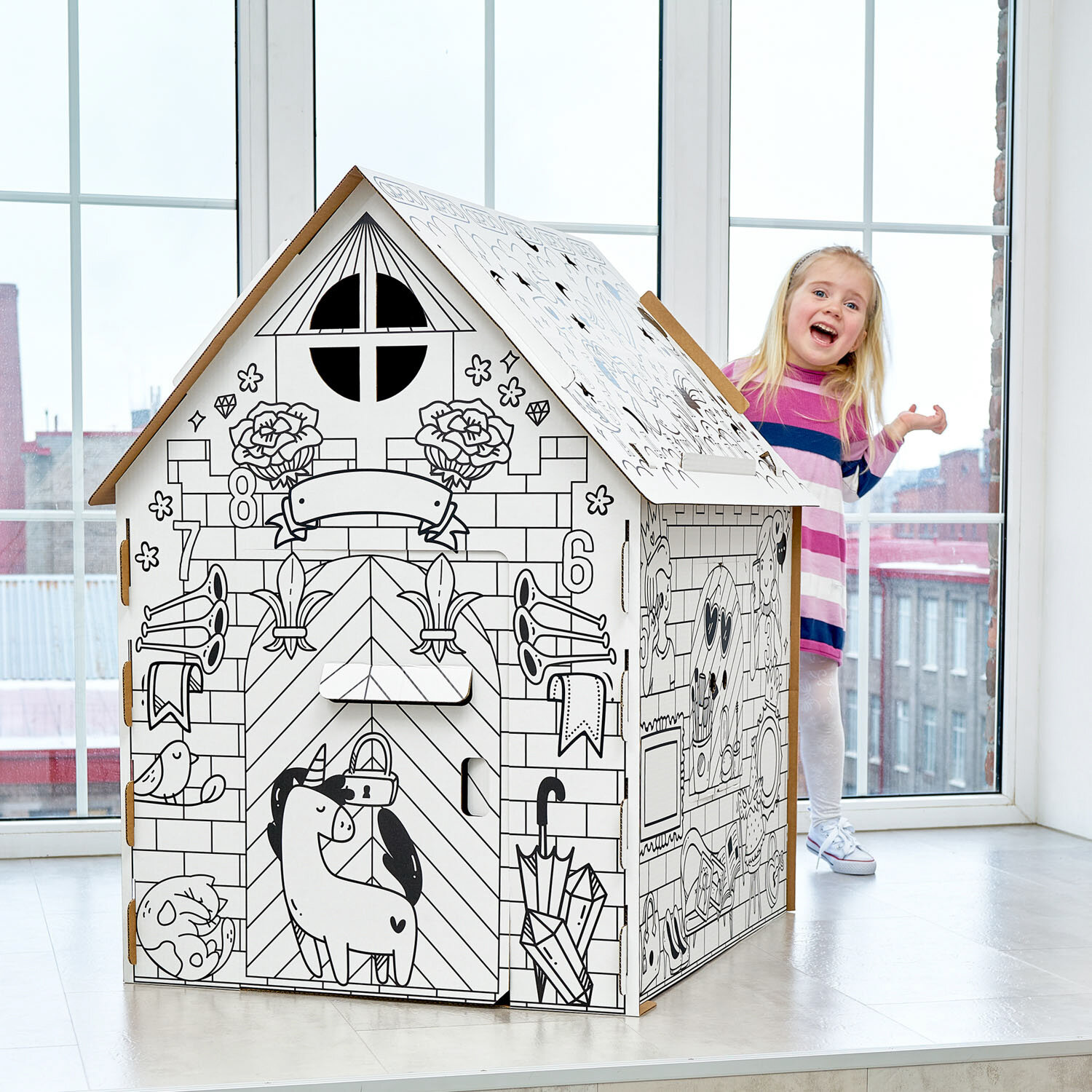 Картонный развивающий домик раскраска. Домик из картона для детей. Подарок для девочки и мальчика