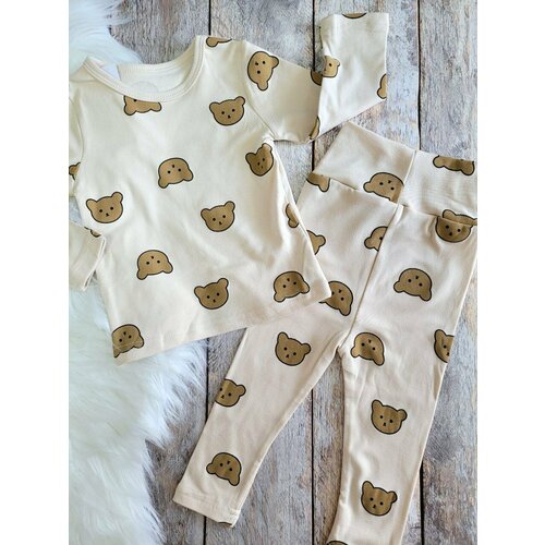 Пижама  для девочек, лонгслив, легинсы, без капюшона, размер 70, бежевый