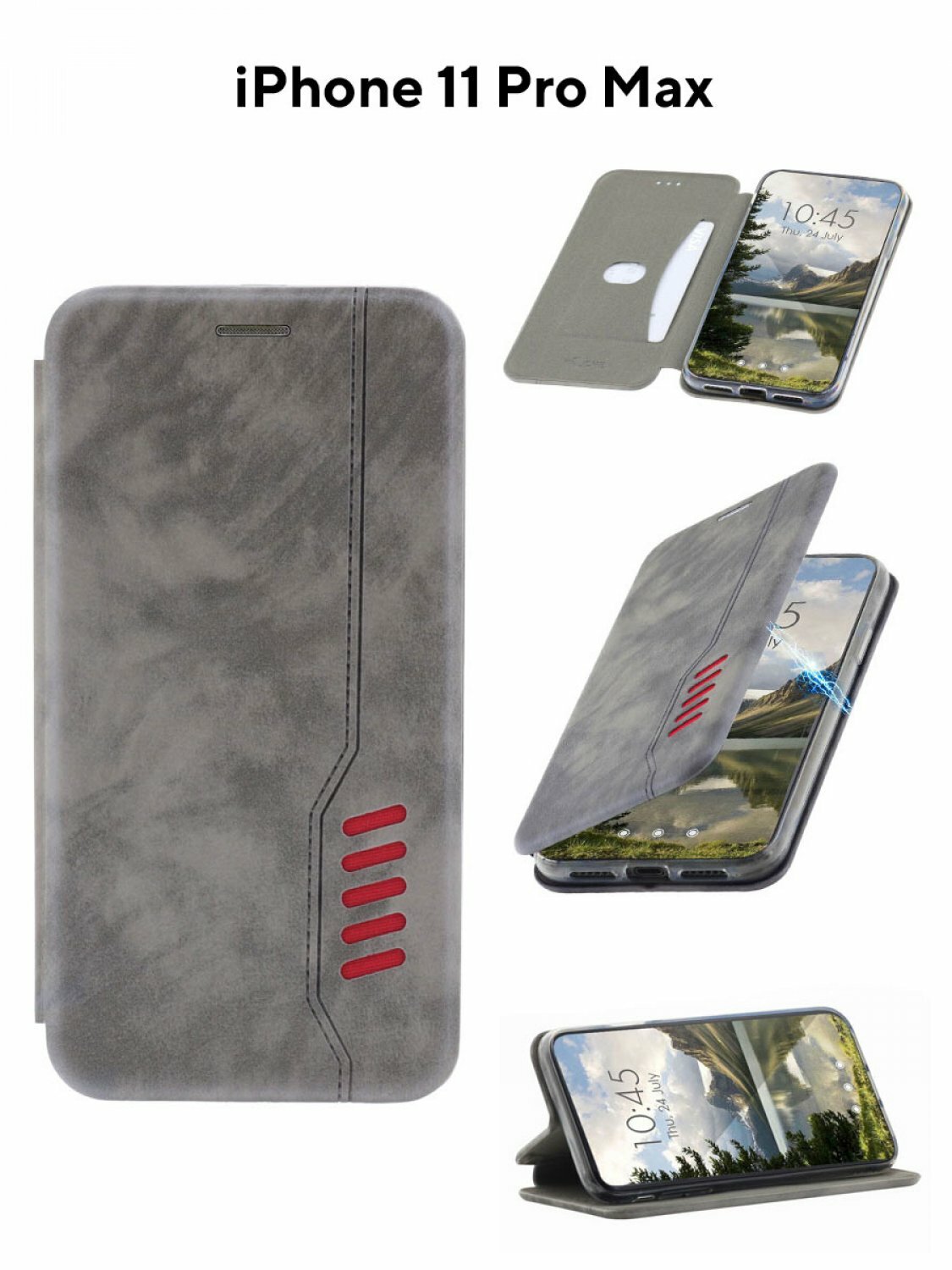Чехол на iPhone 11 Pro Max Kruche Open Book-1 серый, книжка с карманом для карт, противоударный кейс с магнитом, с защитой камеры, с подставкой