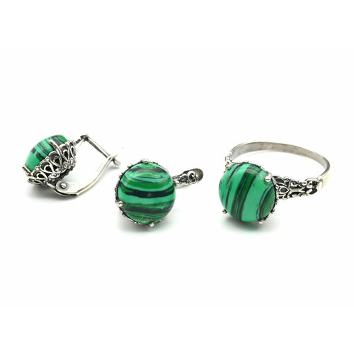 Комплект бижутерии: кольцо, серьги, малахит синтетический, размер кольца 17, зеленый кольцо размер 17 5