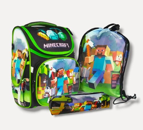 Изображение товара Рюкзак Mnecraft Майнкрафт с мешком для обуви, школьный ранец для первоклассника, зеленый