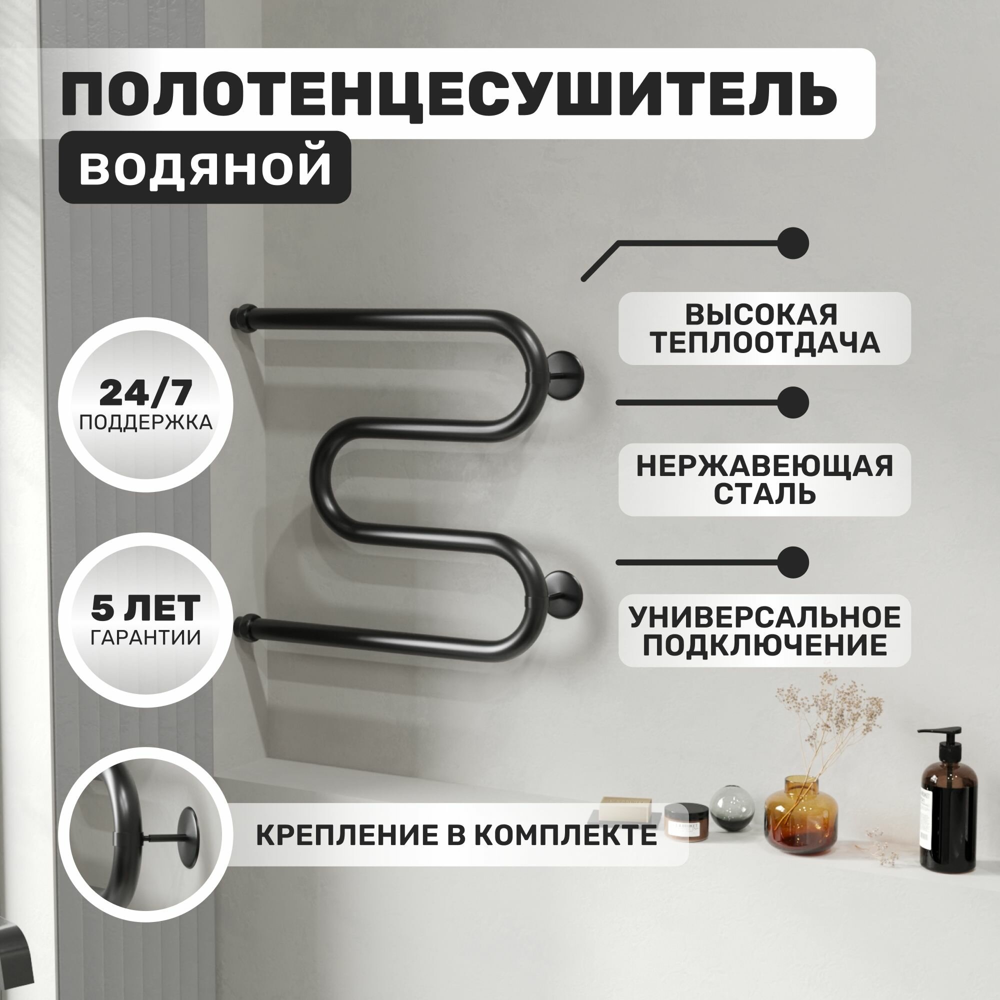 Полотенцесушитель водяной AQUATRIP модель Malta Black Edition без полки 500x500мм с прямым соединением г/ш 1