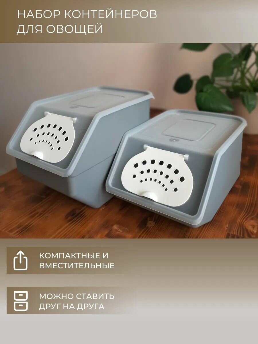 Набор пластиковых контейнеров для хранения овощей и фруктов, с крышкой. 2 штуки. Темно-серый цвет — фото 1