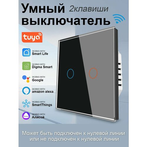 фото Умный сенсорный выключатель с алисой wifi двухклавишный черный.