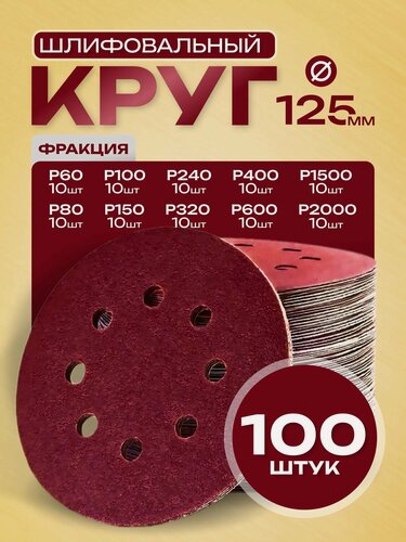 Изображение товара Шлифовальные круги 125мм на липучке 100 шт набор / Диски шлифовальные набор Р60 - Р2000