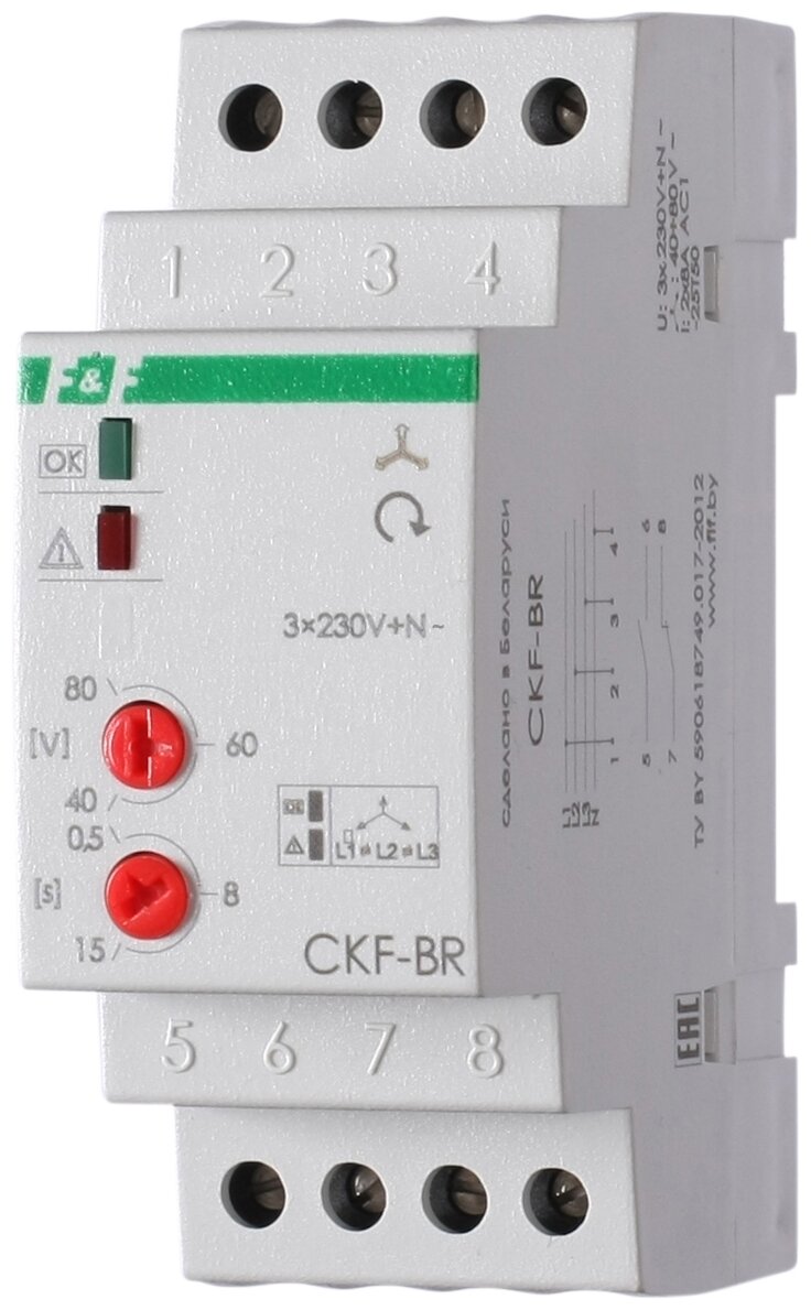 F&F Реле контроля наличия и чередования фаз CKF-BR (монтаж на DIN-рейке 35мм; регулировка порога отключения; регулировка времени отключения; 3х400/230+N 2х8А 1Z 1R IP20) F&F EA04.002.003