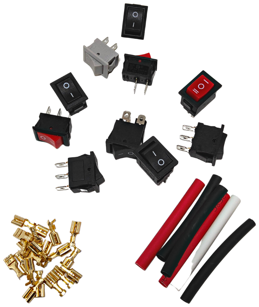 фото Набор выключателей клавишных 250В MINI 6А (2с, 3с, 4с) 10 штук (комплект с клеммами и термоусадкой)