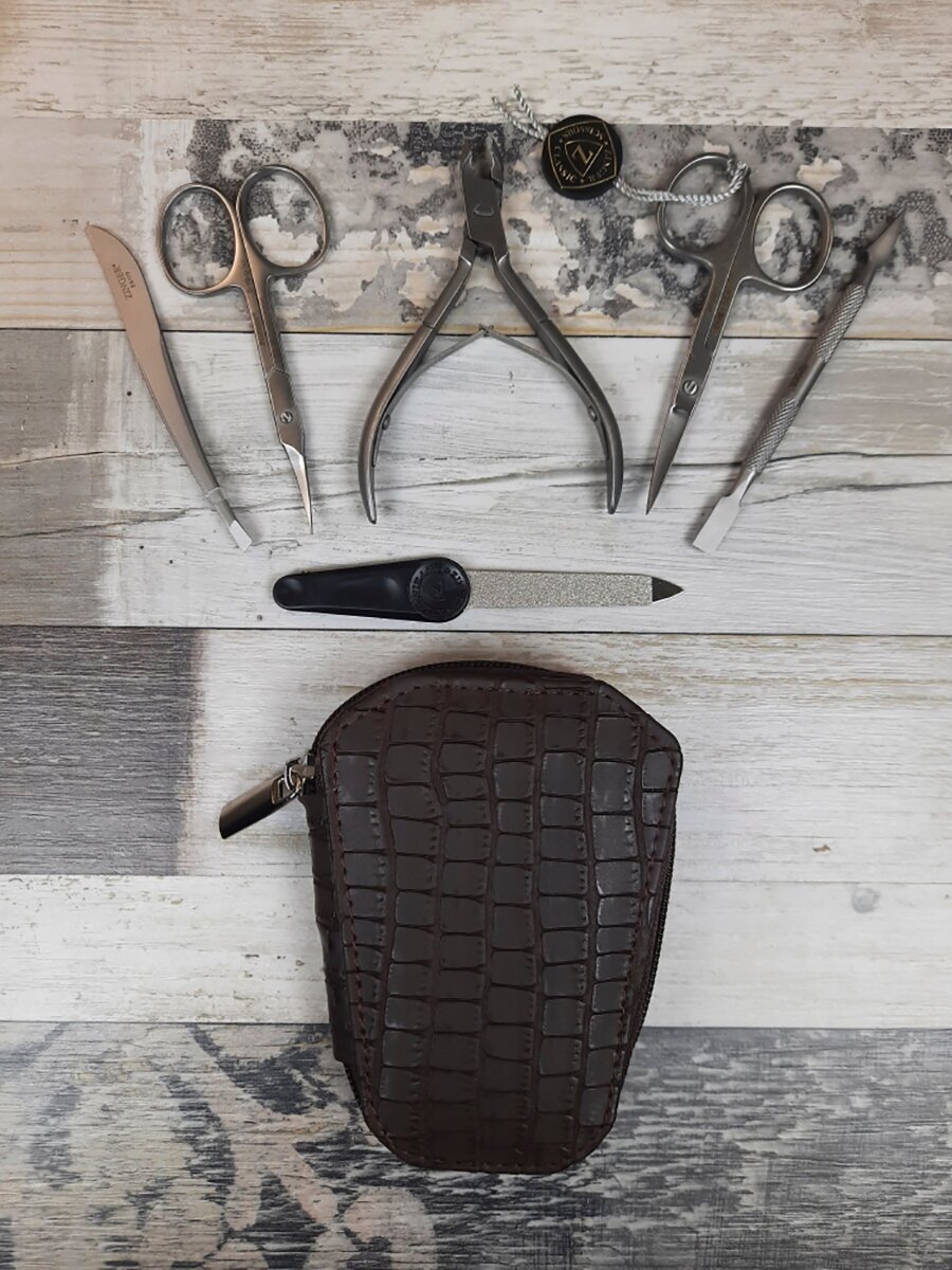 Маникюрный набор на молнии, ZINGER, трапеция, MS-7103, 6 предметов, чехол темно-коричневый крокодил