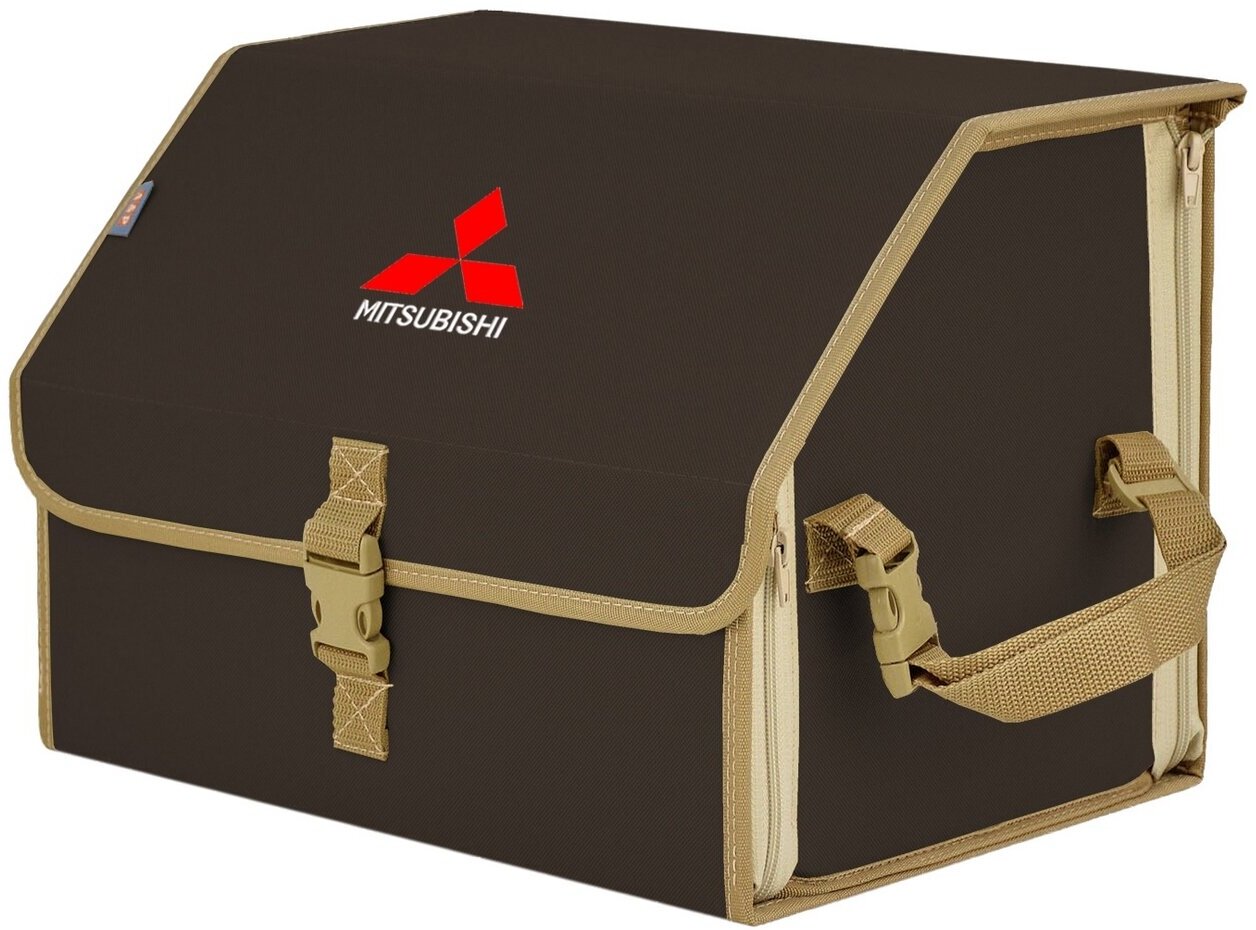 Органайзер-саквояж в багажник "Союз" (размер M). Цвет: коричневый с бежевой окантовкой и вышивкой Mitsubishi (Митсубиши).