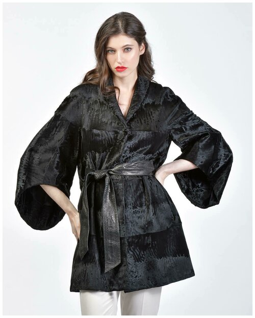 Пальто , каракуль, силуэт трапеция, пояс/ремень, размер 42, черный