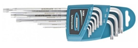 Набор ключей TORX Gross 16408, 9 шт: T10-T50, экстра-длинные, S2, сатинированные