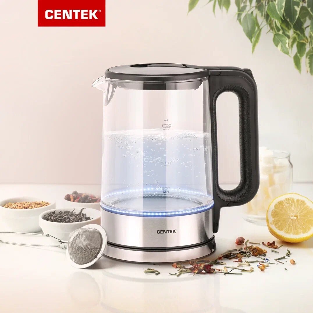 Чайник Centek CT-0032 стекло 1.7л, 2200Вт, Внутр.LED подсветка, Быстрое кипячение, Фильтр от накипи.