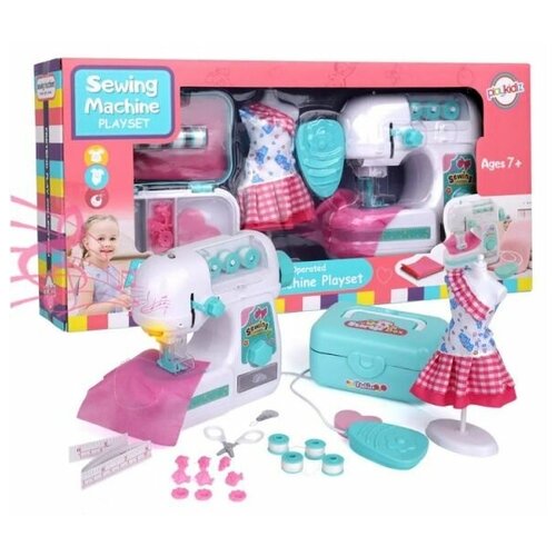 Швейная машинка с манекеном и шкатулкой аксессуаров для рукоделия, детская бытовая техника функция шитья, игрушки для девочек
