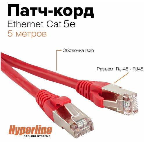 Патч-корд Hyperline, LSZH, 5 м, красный hyperline pc lpm sftp rj45 rj45 c6a 1 5m lszh gy патч корд s ftp экранированный cat 6a 100% fluke component tested lszh 1 5 м серый 447296