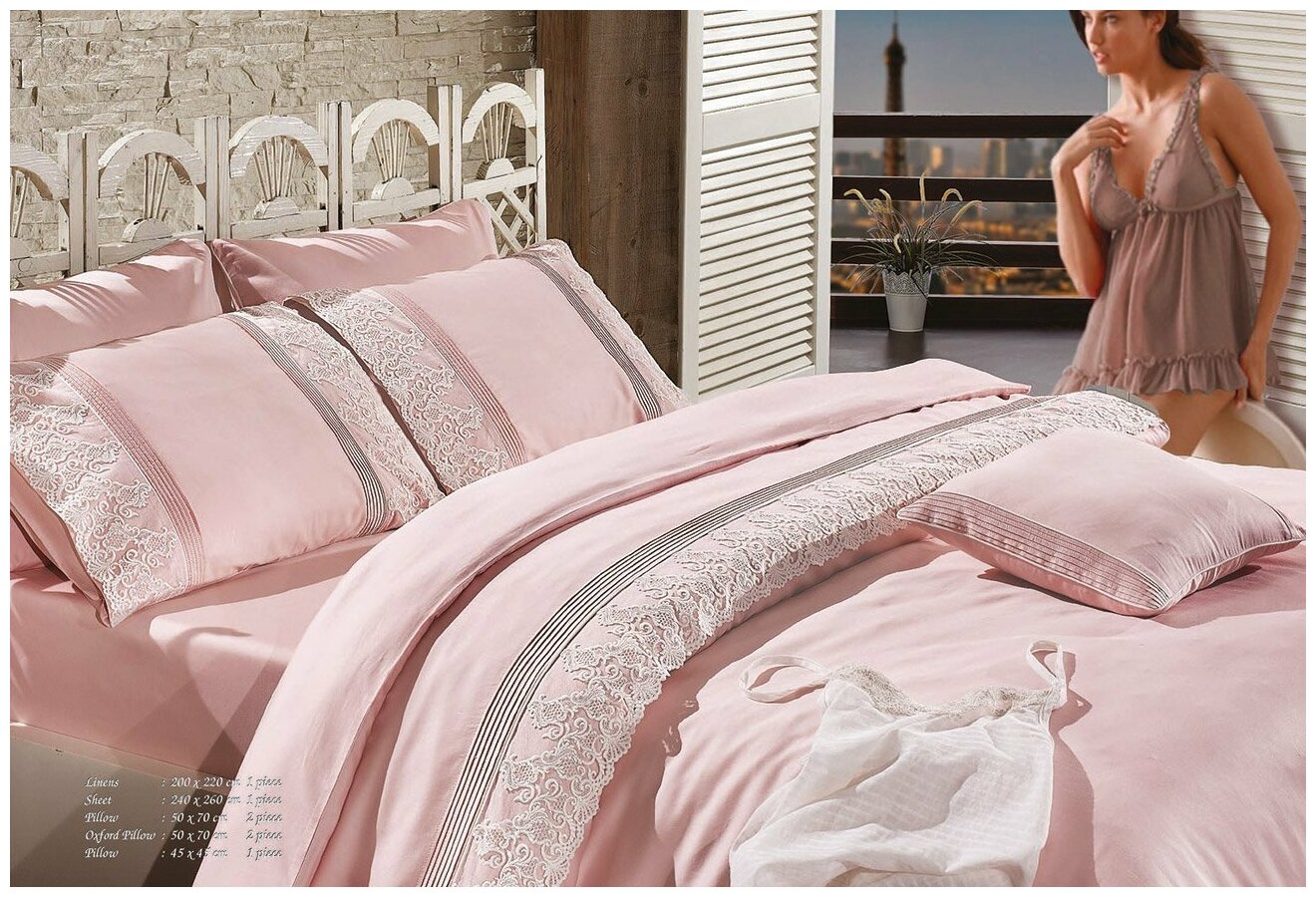 Gloria розовое постельное белье с кружевом Maison Dor (розовый), Евро (2,0 сп)