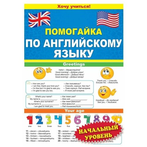 Обучающий плакат буклет-шпаргалка двусторонний Помогайка по английскому языку начальный уровень, формат А5, размер 14х21 см