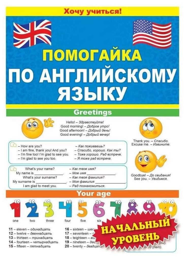 Обучающий плакат буклет-шпаргалка двусторонний "Помогайка" по английскому языку начальный уровень, формат А5, размер 14х21 см