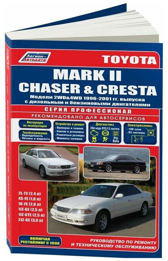 Книга Toyota Mark 2, Chaser, Cresta 1996-2001 бензин, дизель, электросхемы. Руководство по ремонту и эксплуатации автомобиля. Профессионал. Легион-Aвтодата