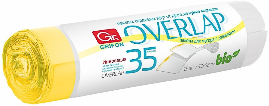 GRIFON Мешки для мусора БИО OVERLAP 35 л., 15 шт. с завязками, стандарт особо прочные, рулон - фотография № 13