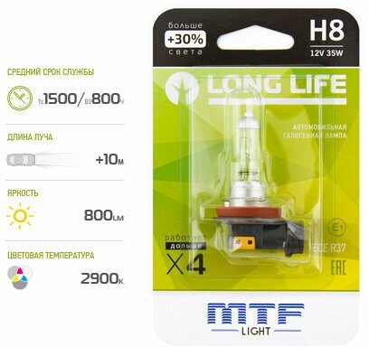 Галогенная лампа MTF light H8 12V 35W LONG LIFE x4 блистер