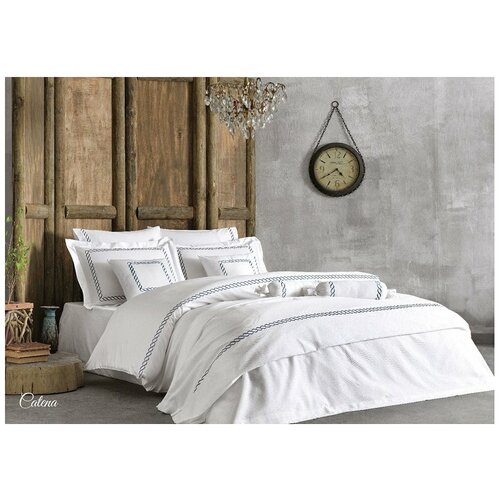 Комплект белья сатин люкс с вышивкой Catena белый-синий Tivolyo (белый-синий), Семейный (наволочки 50x70)