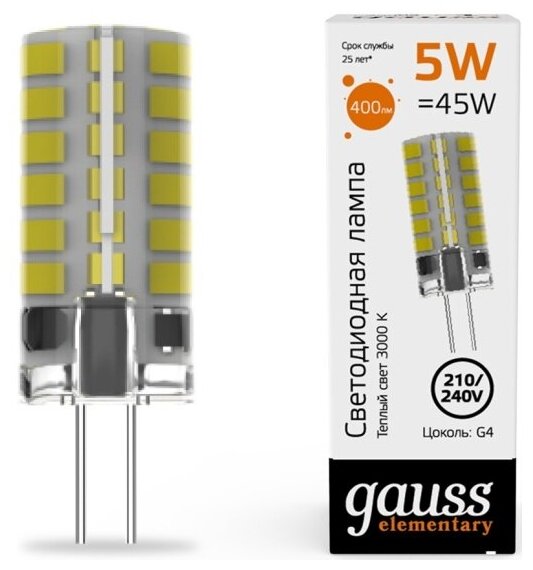 Светодиодная лампа Gauss Elementary G4 AC210-240V 5W 400lm 3000K силикон LED 1/20/200