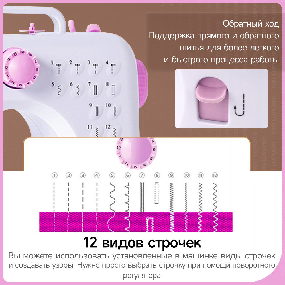 Швейная машина KaringBee FHSM-505, розовая, электрическая от сети и батареек, реверс, регулировка скорости, нитевдеватель и подсветка,12 видов строчек