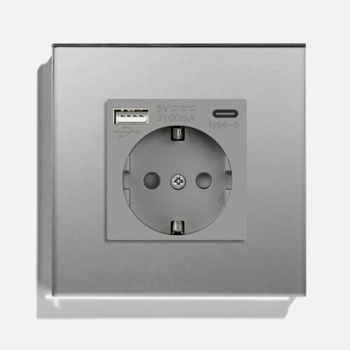 Изображение товара Розетка электрическая 1 пост АC, зарядка 10W, стекло 86х86 мм, цвет серый