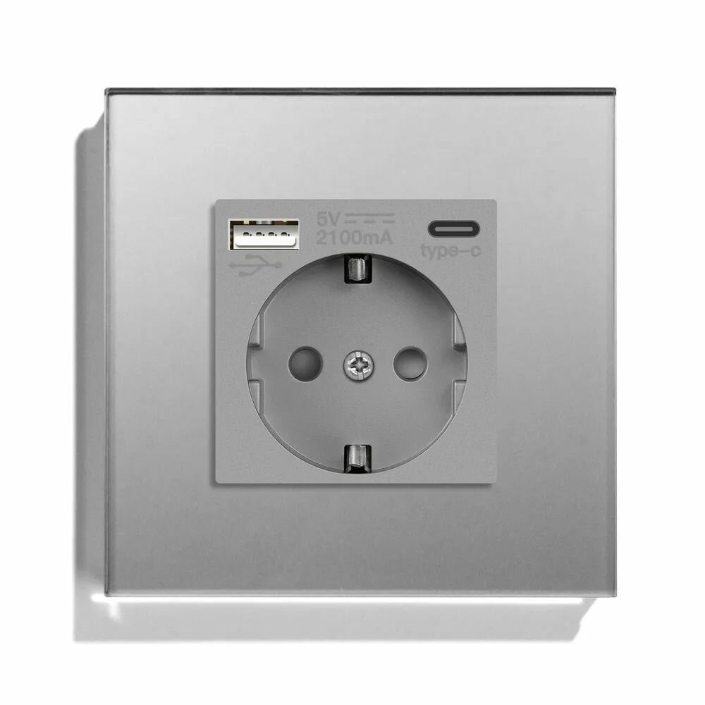 Розетка электрическая с Usb/Type-C AC, 1 пост 16А, рамка 86х86 стекло ...