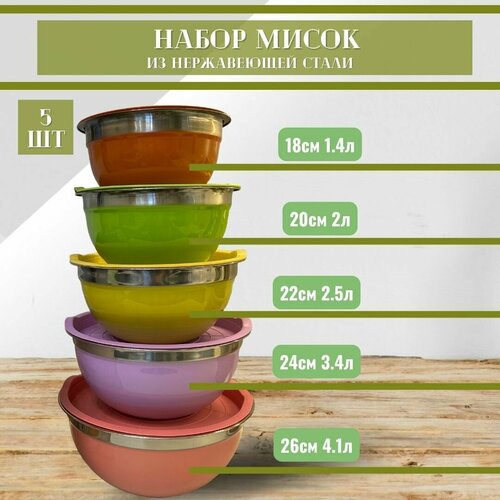 Набор мисок из нержавеющей стали с крышками 4100 мл, 3400 мл, 2500 мл, 2000 мл, 1400 мл, 5шт
