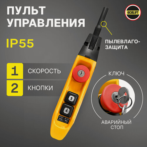 Изображение товара Пульт управления для промышленных тельферов 2 кнопки 1 скорость, стоп, ключ, IP55 (без кабеля)