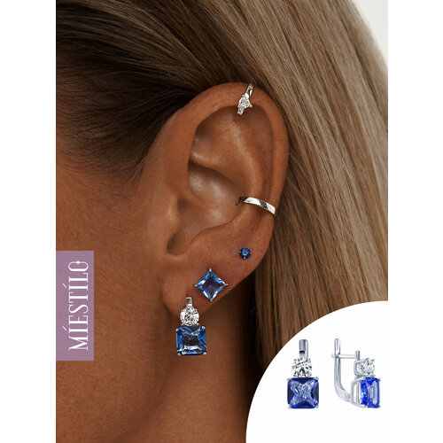 Серьги MIESTILO, серебро, 925 проба, родирование, фианит, кварц синтетический, , синий, серебристый, голубой, серый