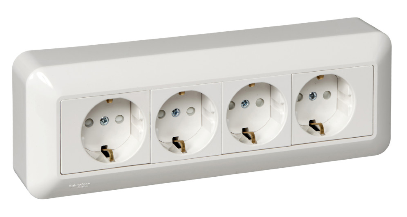 Розетка силовая штепсельная Systeme Electric / Систем Электрик Blanca 16А 250В IP20 открытой установки четырехместная белая с заземлением и шторками с пластиной RA16-411M-BI / электрооборудование