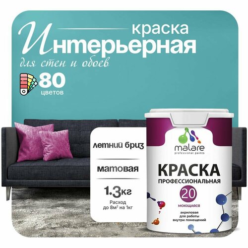 фото Краска акриловая (ак) malare professional №20 waterprof влагостойкая моющаяся матовая летний бриз 1 л 1.3 кг