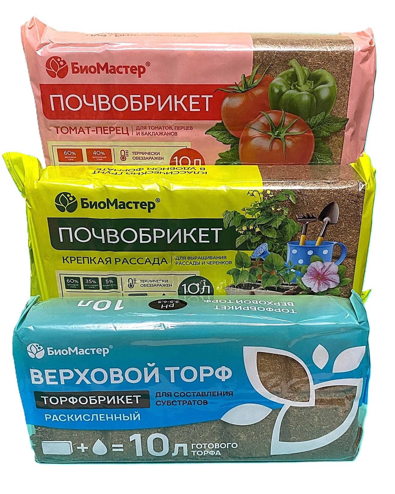 Почвобрикет Крепкая рассада Томат и перец Торф верховой раскисленный БиоМастер 3шт по 10л