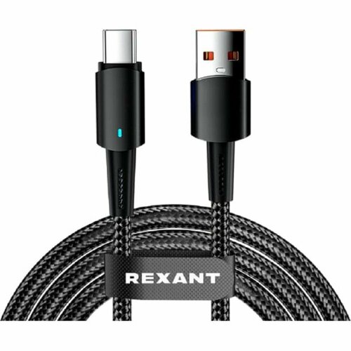 Rexant кабели 18-7064 Кабель USB-A - Type-C, 6А, 66Вт, 1м, в черной нейлоновой оплетке, со световой индикацией
