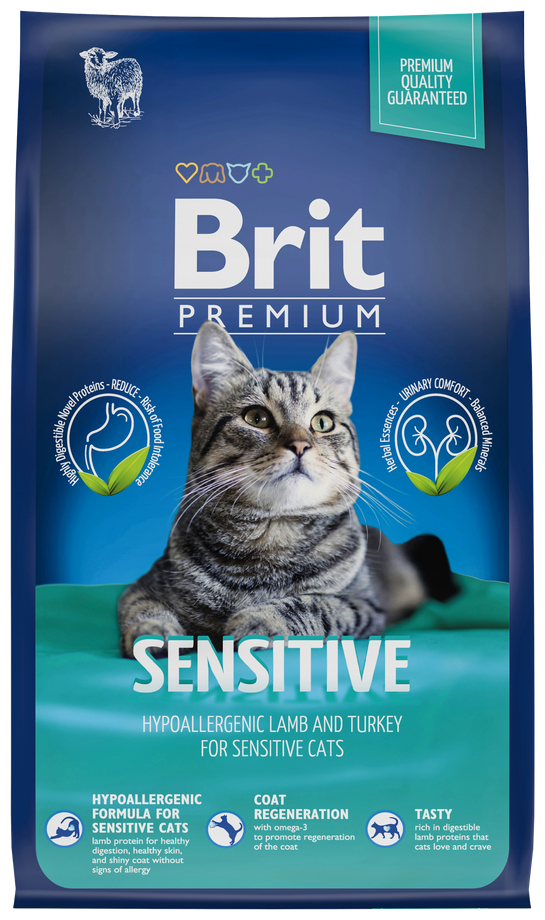 Сухой корм премиум класса Brit Premium Cat Sensitive с ягненком и индейкой для взрослых кошек с чувствительным пищеварением 0,8 кг - фотография № 5