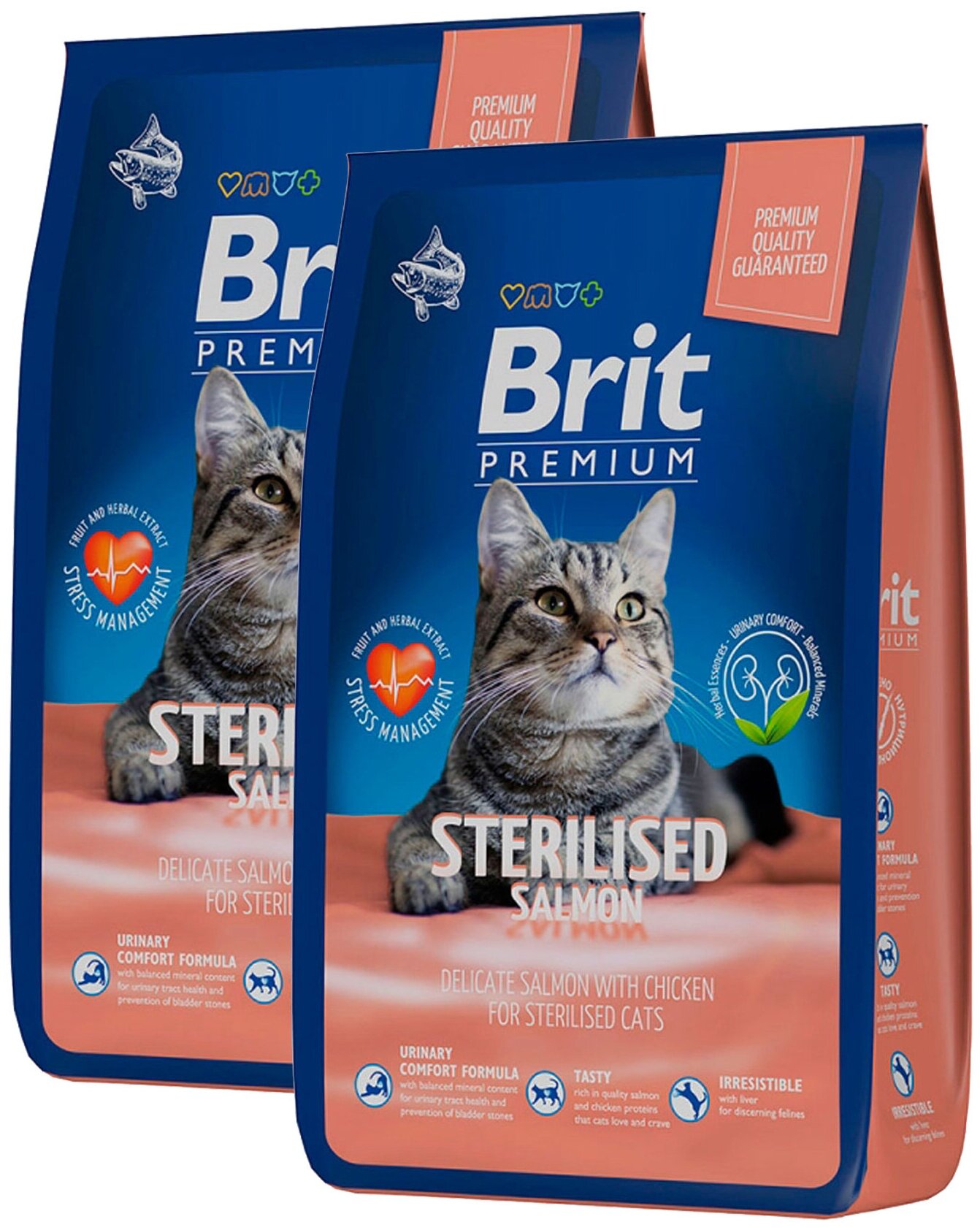 BRIT PREMIUM CAT STERILISED SALMON & CHICKEN для взрослых кастрированных котов и стерилизованных кошек с лососем и курицей (04 + 04 кг)