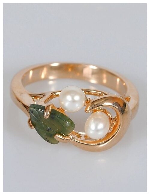 Кольцо помолвочное Lotus Jewelry, нефрит, жемчуг культивированный, размер 17, белый, зеленый