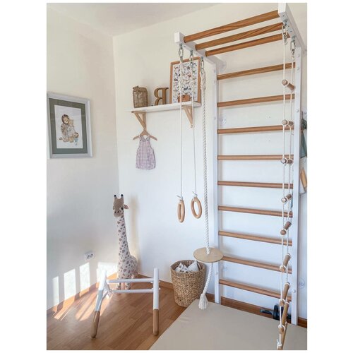 Шведская стенка для детей/ разборные стойки турник рукоход/ буковые перекладины/ белый Асланд 230 / игровой спортивный комплекс/лиана и кольца/ вудрим