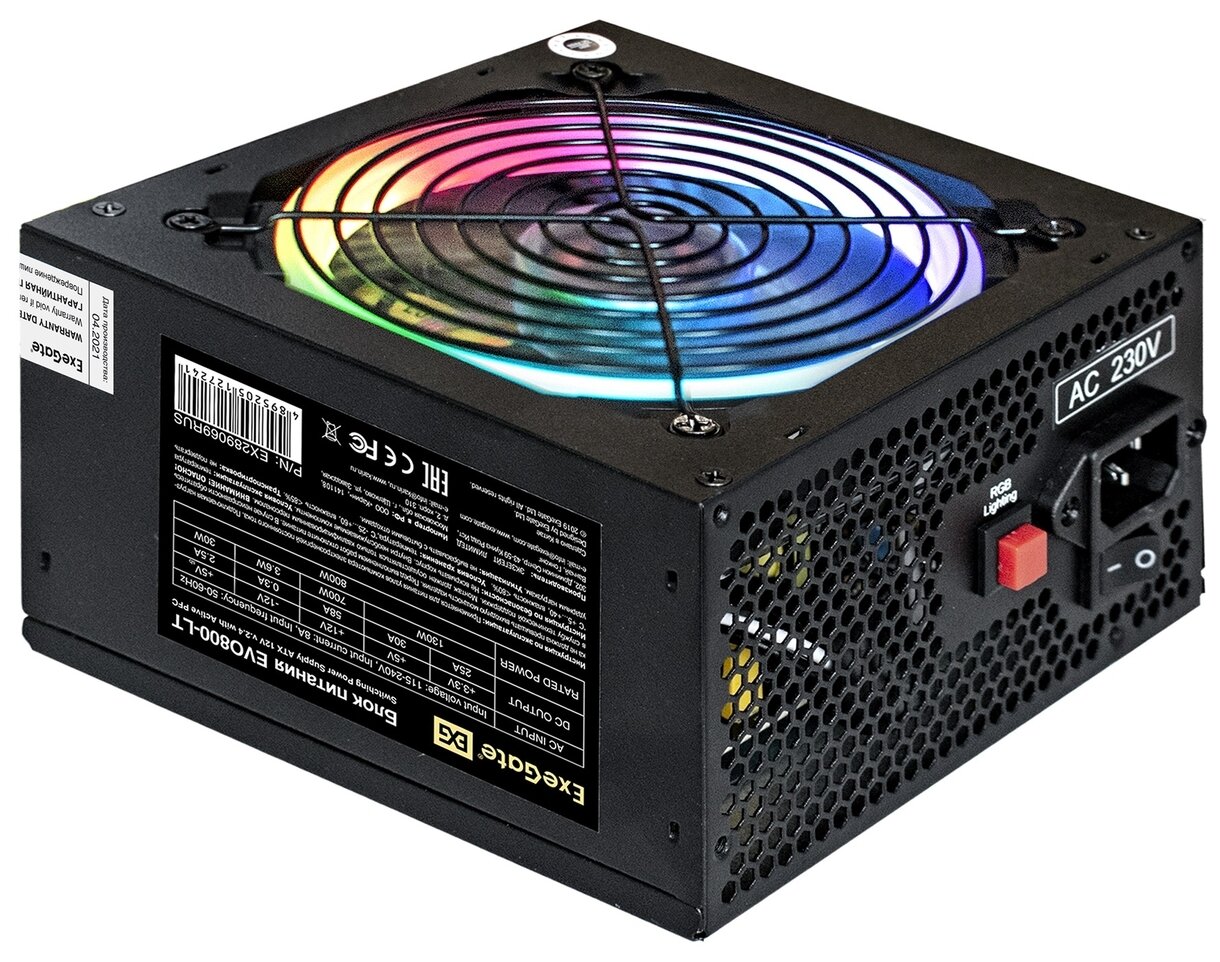 Блок питания 800W ExeGate EVO800-LT (ATX, APFC, PC, 12cm RGB fan, 24pin, (4+4)pin, PCI-E, 5xSATA, 3xIDE, FDD, black, кабель 220V в комплекте)