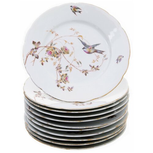 Набор обеденных тарелок с декором в виде диких роз и птиц на 11 персон, фарфор