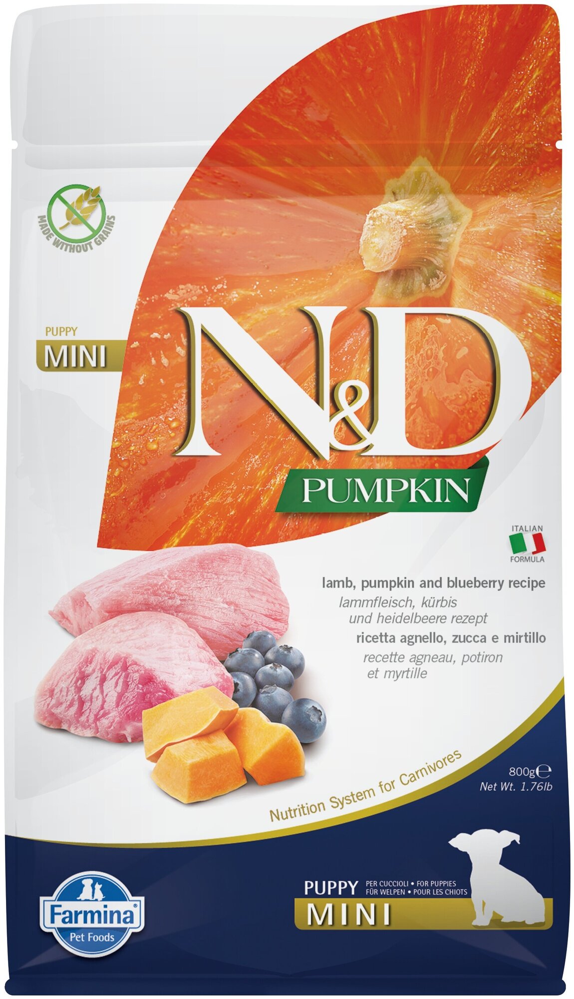 Farmina N&D Pumpkin Dog Grain Free Lamb & Blueberry Puppy Mini сухой беззерновой корм для щенков мелких пород с ягненком, черникой и тыквой - 800 г