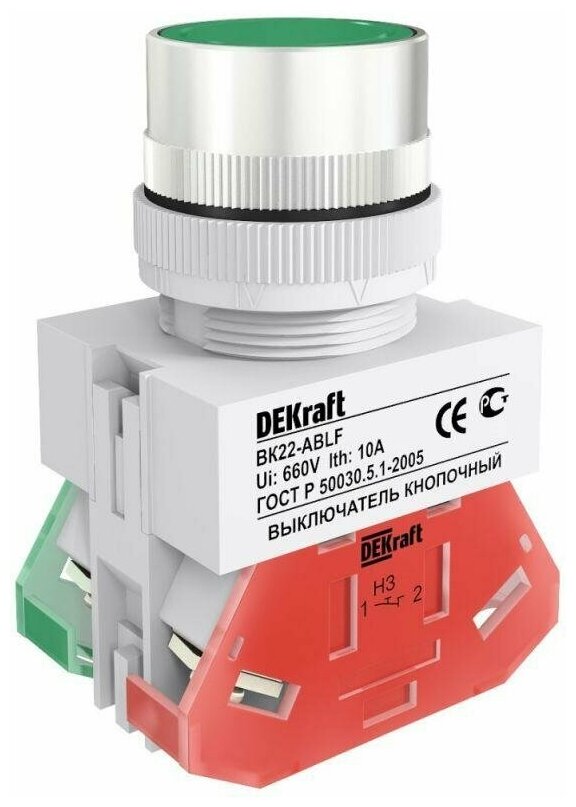 25013DEK Выключатель кнопочный DEKraft ВК22-ABLF-GRN зеленый без индикации, 1НО+1НЗ