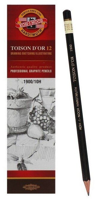 Карандаш профессиональный чернографитный 2.0 мм, Koh-I-Noor 1900 10Н, L=175 мм