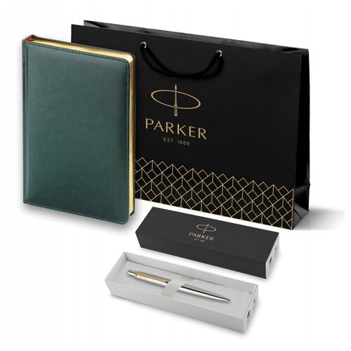 Подарочный набор Parker: темно-зеленый ежедневник с золотыми страницами и шариковая ручка Jotter Essential, стержень синего цвета