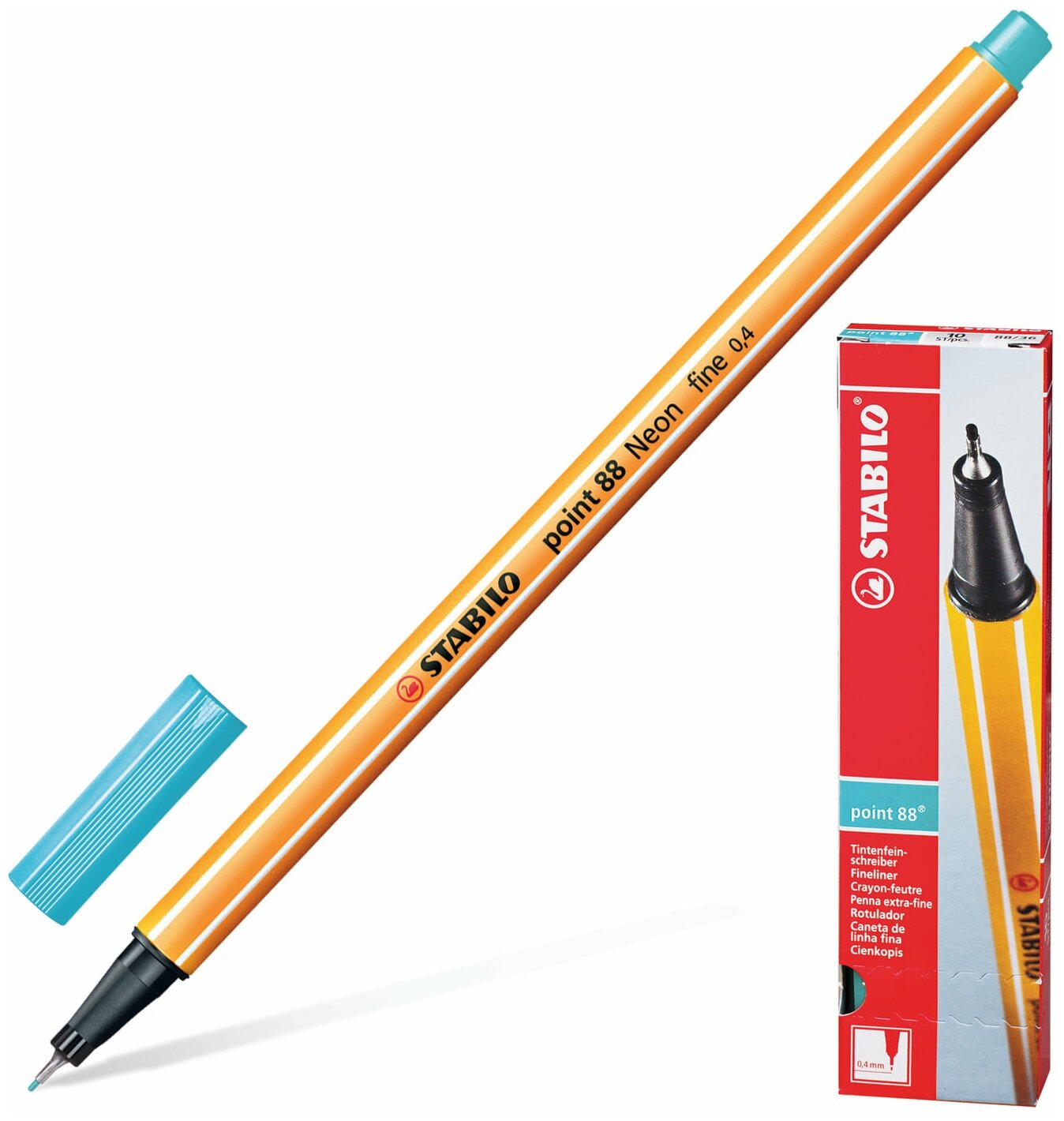 Ручка капиллярная (линер) STABILO "Point 88", небесная лазурь, корпус оранжевый, линия письма 0,4 мм, 88/57 Комплект - 10 шт.