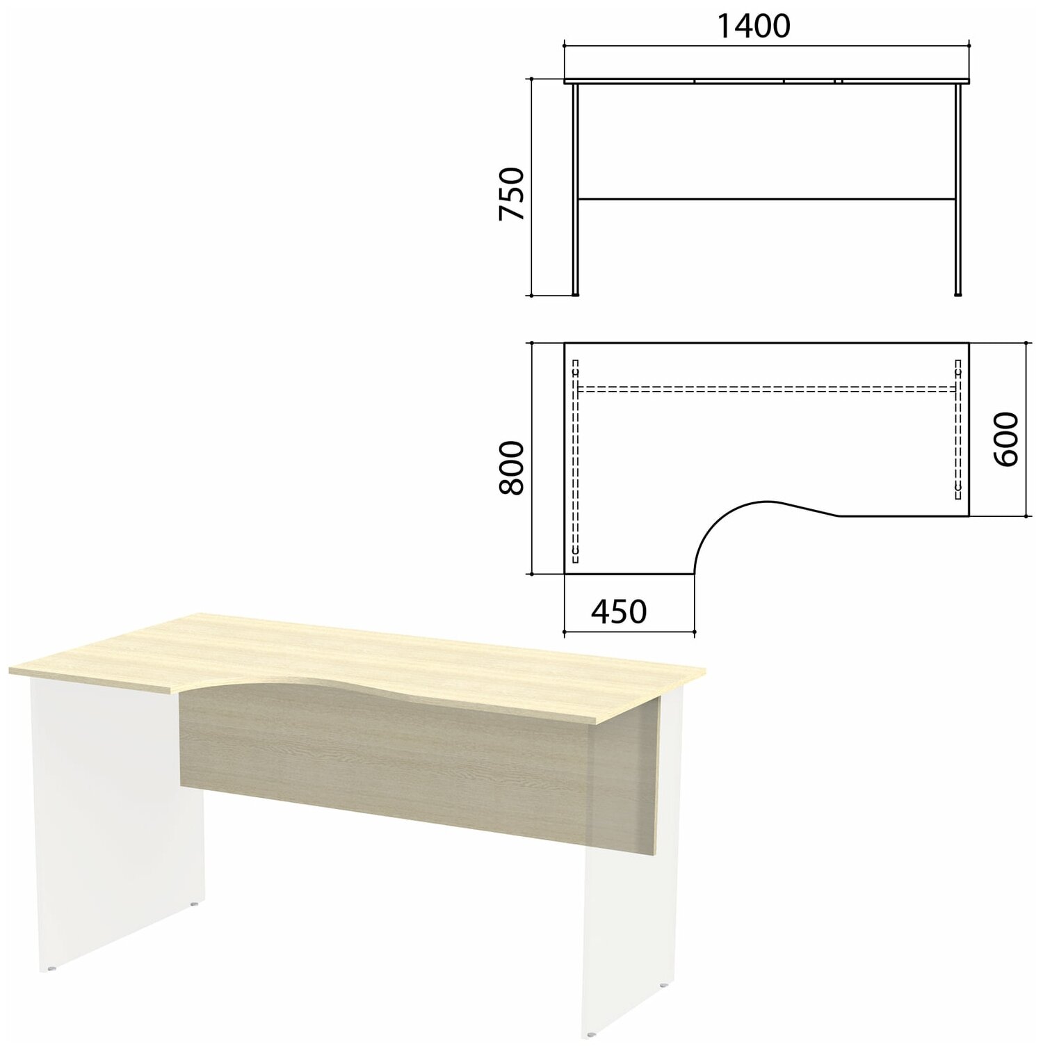 Столешница, царга стола эргономичного "Канц" 1400х800х750 мм, левый, цвет дуб молочный