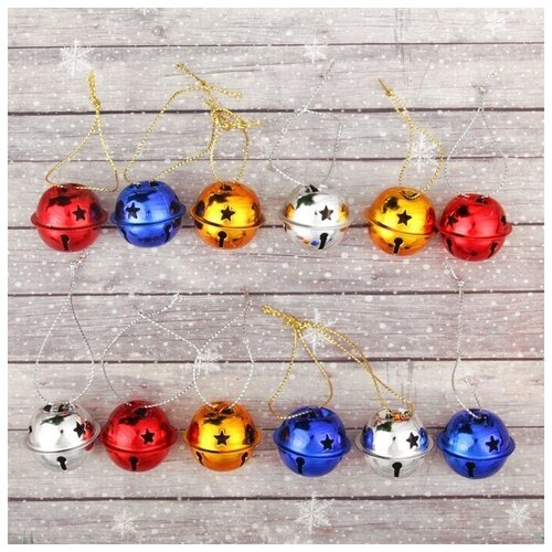 Бубенчики, набор 12 шт, размер 1 шт: 3x3 см, цвет красный, жёлтый, синий, серебряный набор для кошки 4 шт 3 5 см колокольчики звенящие шарики