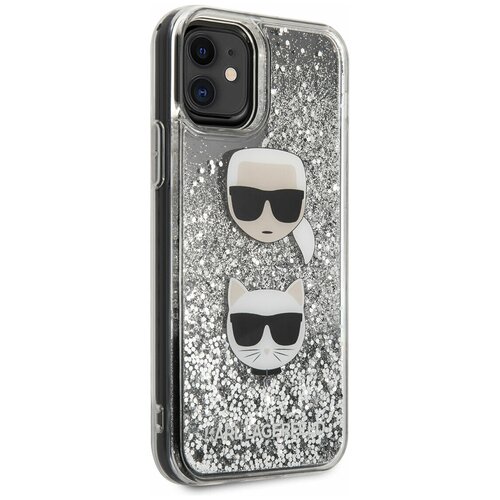 Чехол Lagerfeld для iPhone 11 Liquid glitter Karl and Choupette heads Hard Silver